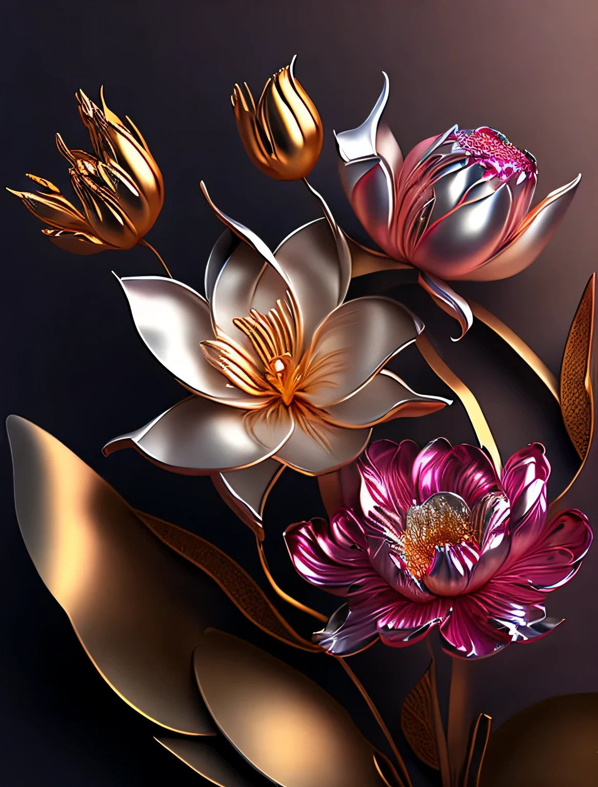 ultra-qualidade, (8K, Foto CRU, realista), Artificial metal lilies and peonies, cromagem, Detailed, delicate representations and eye-catching, dynamic drawing methods, professional flare lighting