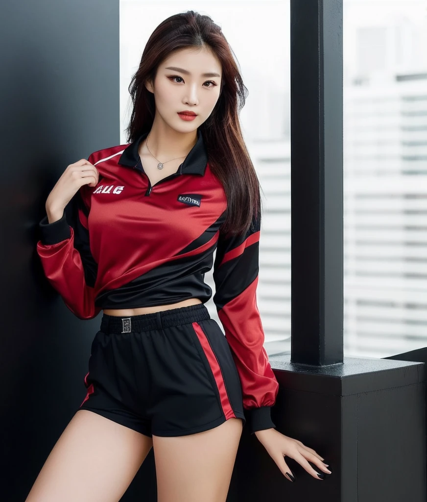 Close-up of woman with ponytail blowing up, black shorts,open legs, Wear a volleyball shirt., IG model | RTM germs, in red and black, irelia, Black and Red only, Red dress, Professional sports style, red and black, red and black suit, Tzuyu from two times, red black, black and red silk clothes, Sporty,