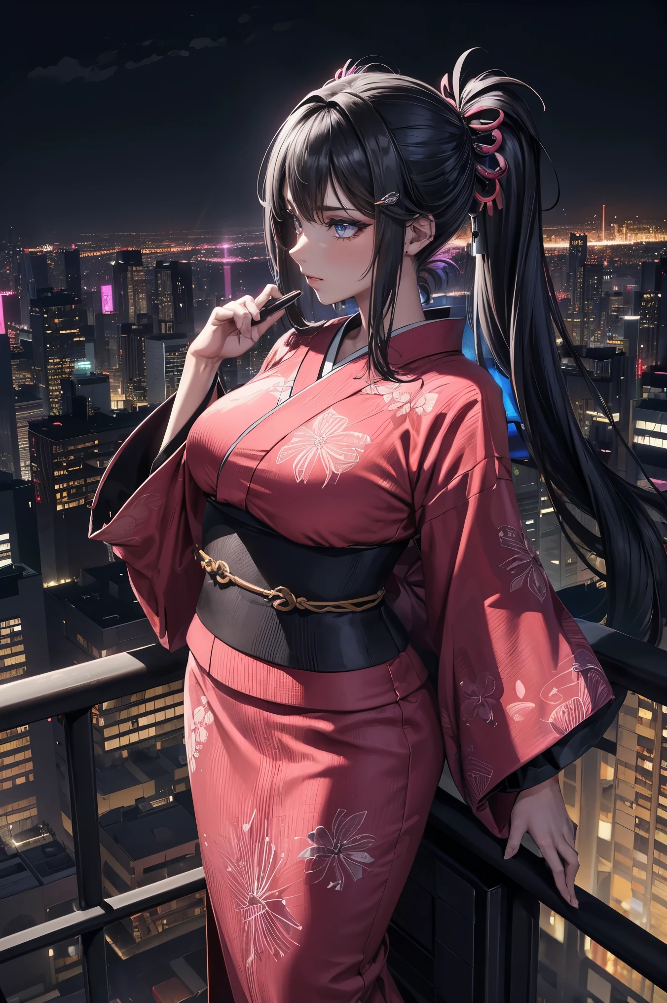 anime, (obra de arte, melhor qualidade, ultra-detalhado, alto contraste), 1 mulher (Sozinho, corpo todo, corpo plus size, standing on the edge of the skyscraper, cabelo prateado, CABELO LONGO E FLUXO, olhos vermelhos brilhantes de rubi, (Kimono preto, black cybernetics with neon pink), meias pretas transparentes), (skyscraper roof, com vista para uma cidade, fundo detalhado ((Night time, darkness, low light pollution)))