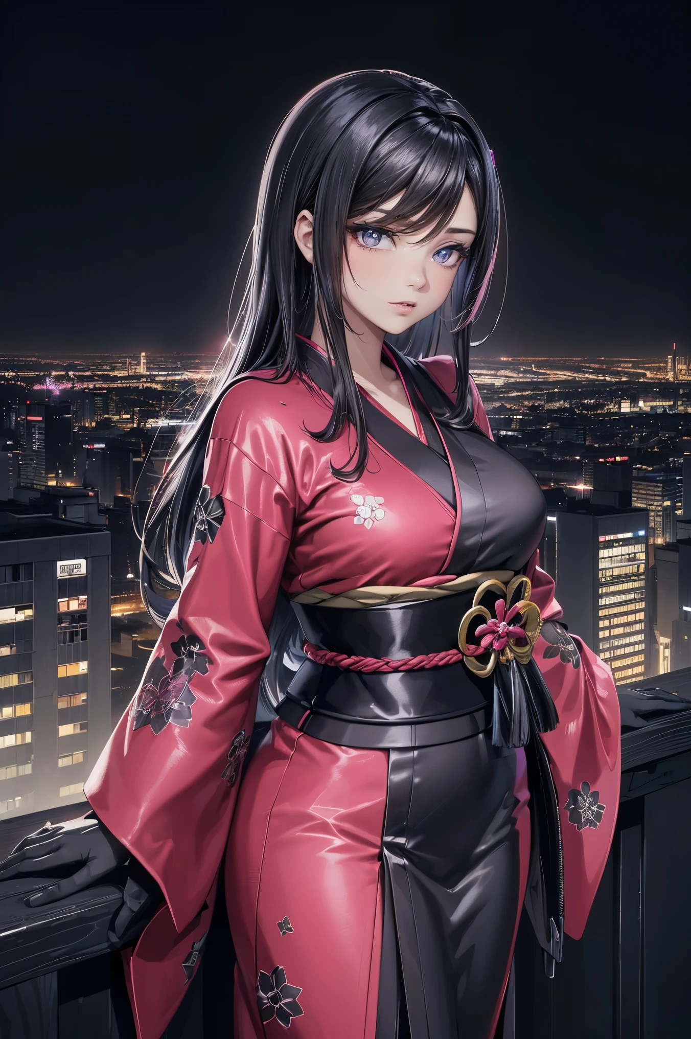 anime, (obra de arte, melhor qualidade, ultra-detalhado, alto contraste), 1 mulher (Sozinho, corpo todo, corpo plus size, standing on the edge of the skyscraper, cabelo prateado, CABELO LONGO E FLUXO, olhos vermelhos brilhantes de rubi, (Kimono preto, black cybernetics with neon pink), meias pretas transparentes), (skyscraper roof, com vista para uma cidade, fundo detalhado ((night time, Darkness, low light pollution)))