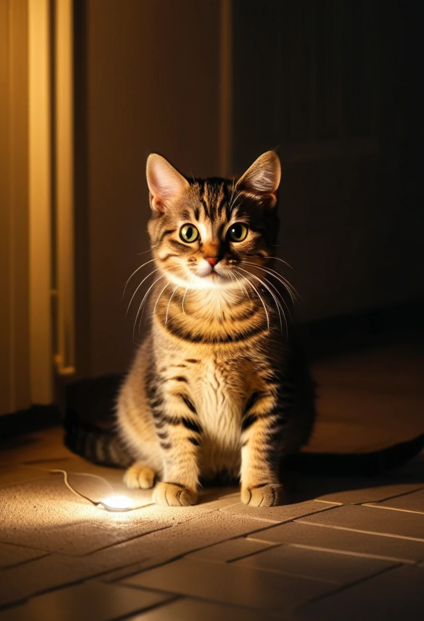 A cute kitty, sitting in the evening with light of the flashlight on the floor, kitty has a happy kitty face, featuring atmospheric details, high resolution, and warm lighting