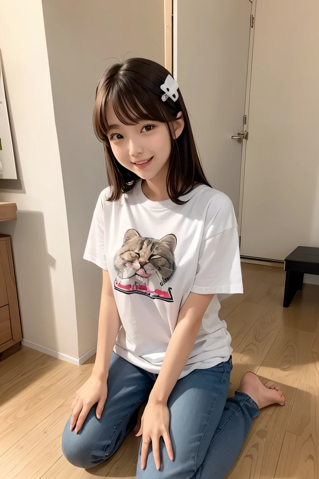 High angle full body woman 20years old shy smile
oversized t-shirt hair clip holding a pet room
