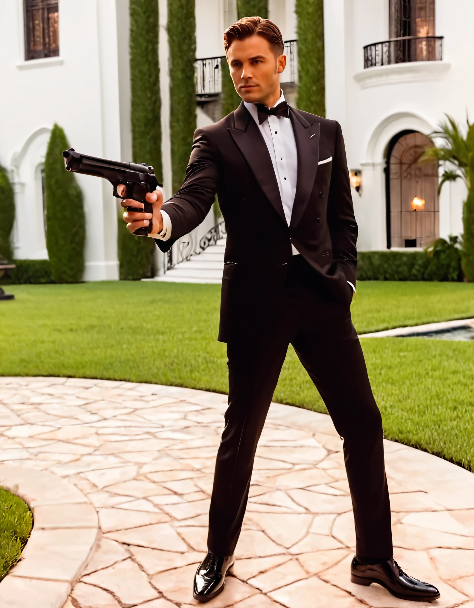 masterpiece, best quality, 1man, male focus, solo, solo focus, hispanic, perfect hands, holding pistol with one hand, (Beretta 92FS), hand in pocket, brown hair, hazel eyes, tuxedo, black tuxedo, danger atmosphere, mansion backdrop, combed back hair, white shirt, black pants, dress shoes, matching shoes. outdoors, looking away.
