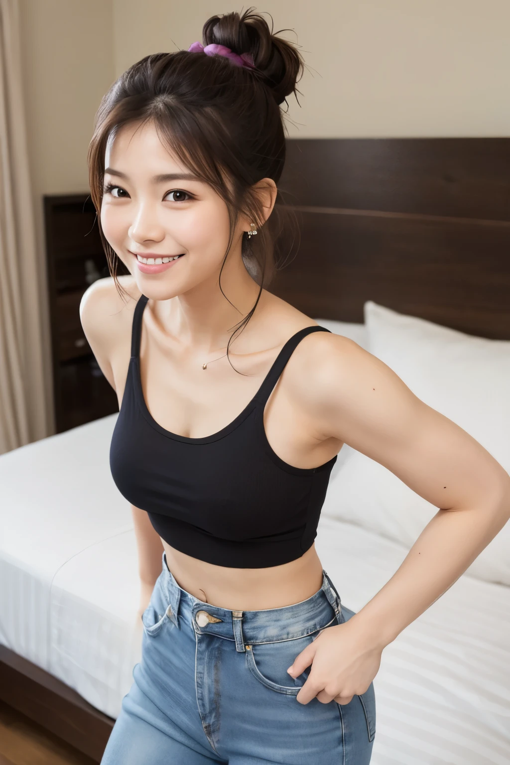 On the bed looking up endearing smile tank top jeans scrunchie Hands on Hips park sunny
