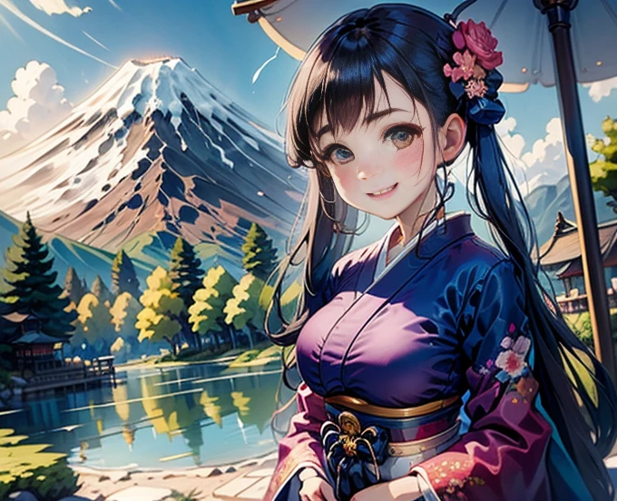 highest quality、Lakeside in front of the mountain、Mt fuji、summer、Daytime、Beautiful blue sky、outside of home、Young girl、Smile on the screen、Detailed beauty、picnic、Open the parasol、kimono、taisho roman