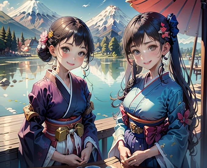 highest quality、Lakeside in front of the mountain、Mt fuji、summer、Daytime、Beautiful blue sky、outside of home、Young girl、Smile on the screen、Detailed beauty、picnic、Open the parasol、kimono、taisho roman