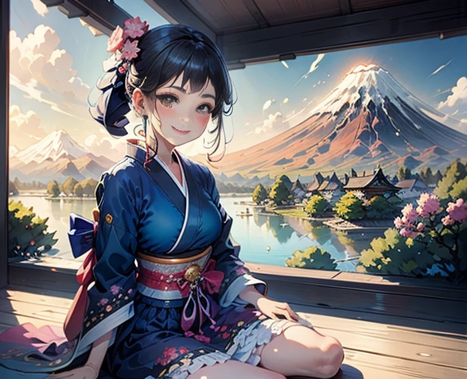 highest quality、Lakeside in front of the mountain、Mt fuji、summer、Daytime、Beautiful blue sky、outside of home、Young girl、Smile on the screen、Detailed beauty、picnic、Open the parasol、kimono、taisho roman