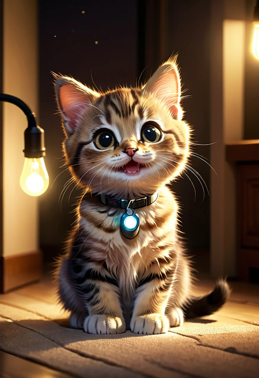 A cute kitty, sitting in the evening with light of the flashlight on the floor, kitty has a happy kitty face, featuring atmospheric details, high resolution, and warm lighting