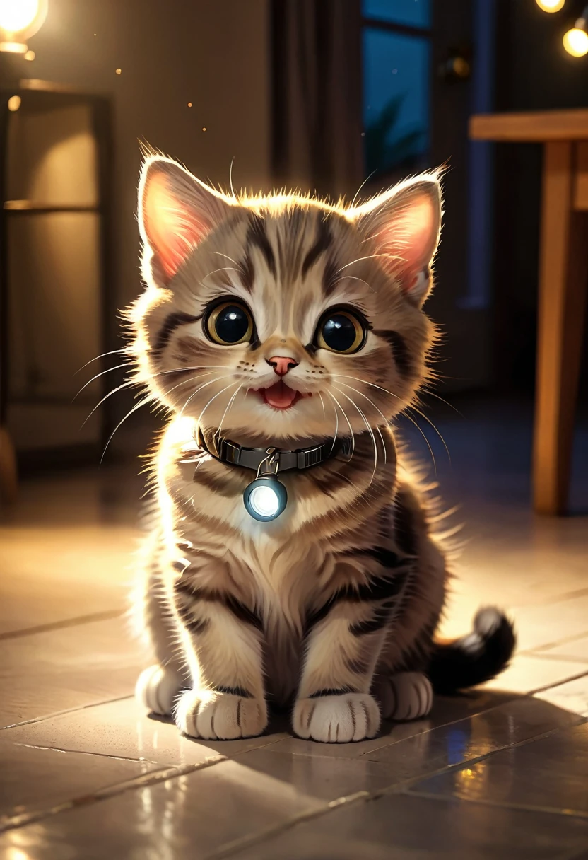 A cute kitty, sitting in the evening with light of the flashlight on the floor, kitty has a happy kitty face, featuring atmospheric details, high resolution, and warm lighting