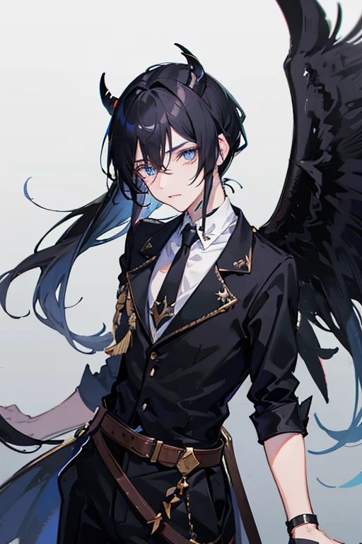 A anime boy with medium-length black hair in a ponytail, an X-shaped fringe, demon and black wings, wearing an elegant outfit, blue eyes, and a scar on his left eye