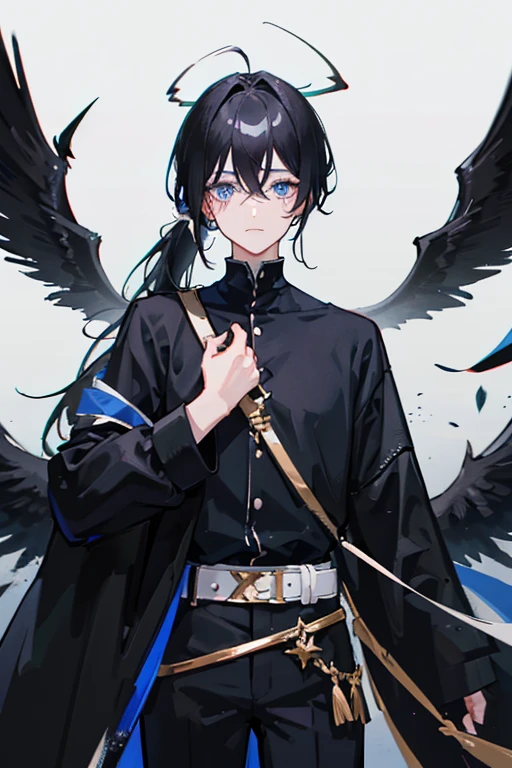 A anime boy with medium-length black hair in a ponytail, an X-shaped fringe, demon and black wings, wearing an elegant outfit, blue eyes, and a scar on his left eye