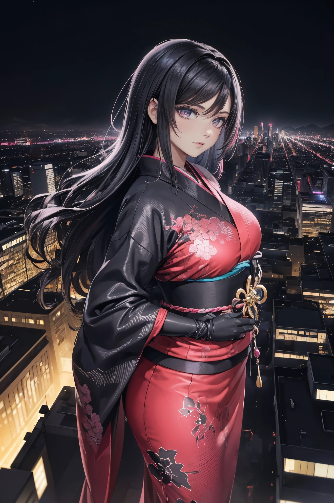 anime, (obra de arte, melhor qualidade, ultra-detalhado, alto contraste), 1 mulher (Sozinho, corpo todo, corpo plus size, standing on the edge of the skyscraper, cabelo prateado, CABELO LONGO E FLUXO, olhos vermelhos brilhantes de rubi, (Kimono preto, black cybernetics with neon pink), meias pretas transparentes), (skyscraper roof, com vista para uma cidade, fundo detalhado ((Night time, darkness, low light pollution)))