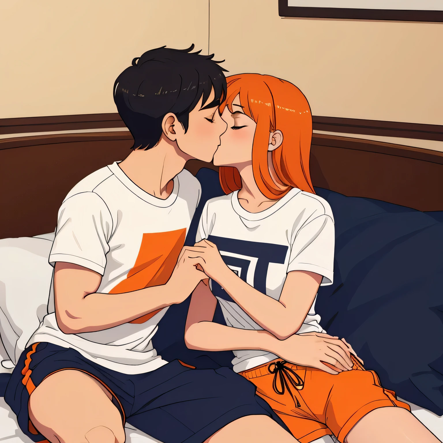 Amazing portrait of a young woman wearing white and orange striped t shirt and orange shorts and young boy wearing a navy blue t shirt and black shorts sitting on a bed together and kissing and making out passionately in a sexy and hot and lustful setting