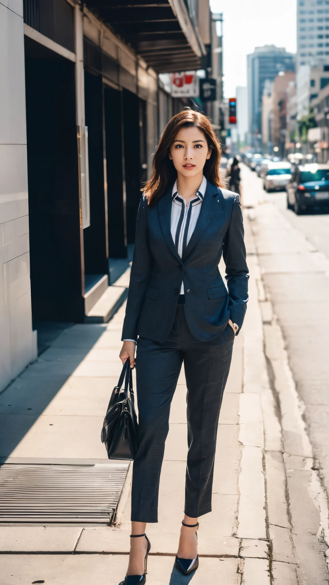 (8k, RAW Photos, highest quality, masterpiece: 1.2), (Realistic, photoRealistic: 1.37), 1 Woman in a suit standing on the sidewalk, Cityscape, Day, Sunny Morning, Professional Lighting, Photon Mapping, Radio City, Brazilian Women, Torn, shirt, Woman in a suit, Silk Suit