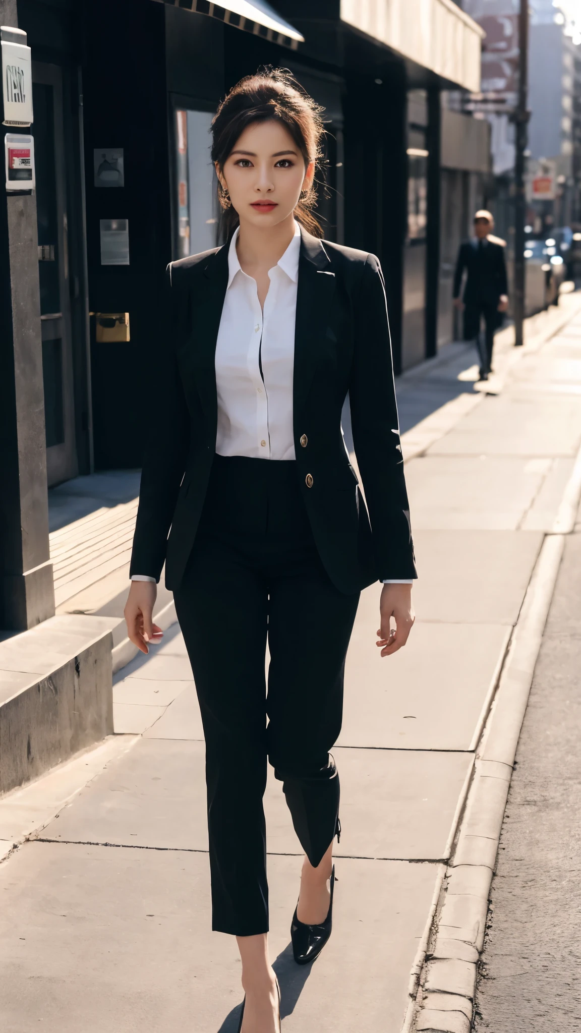 (8k, RAW Photos, highest quality, masterpiece: 1.2), (Realistic, photoRealistic: 1.37), 1 Woman in a suit standing on the sidewalk, Cityscape, Day, Sunny Morning, Professional Lighting, Photon Mapping, Radio City, Brazilian Women, Torn, shirt, Woman in a suit, Silk Suit