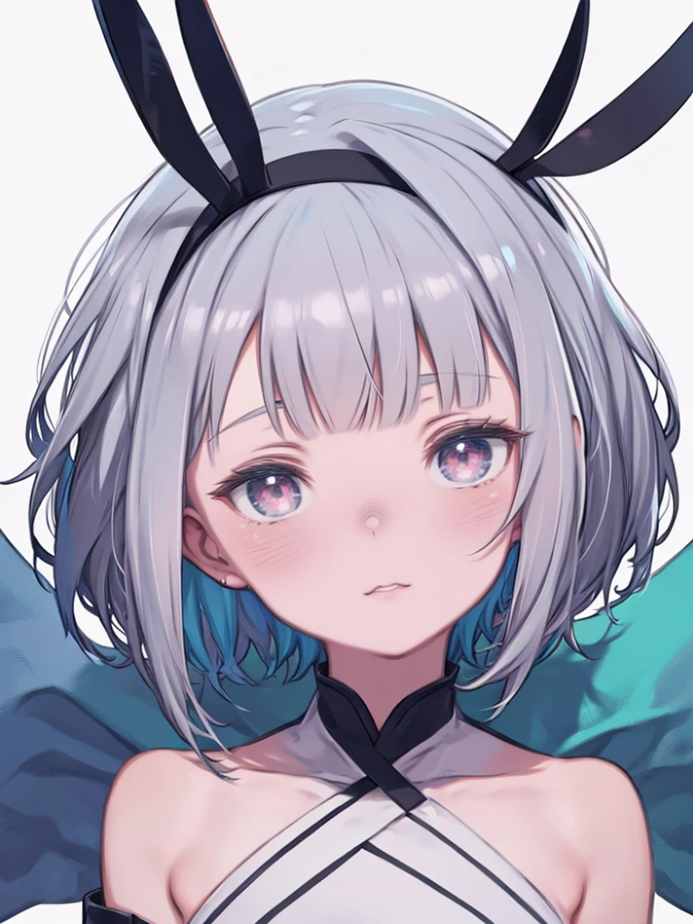 One girl, score_9, score_8_superior, score_7_superior, PDXL, (break:-1), White Background, Portraiture, head band, jitome, Two-tone hair, alone, Grey Hair, Inner hair color, Virtual YouTuber, Multicolored Hair, Blunt bangs, short hair, white head band, Simple Background, Blue Hair, Hair Intake, Pink Eyes, Bobcut