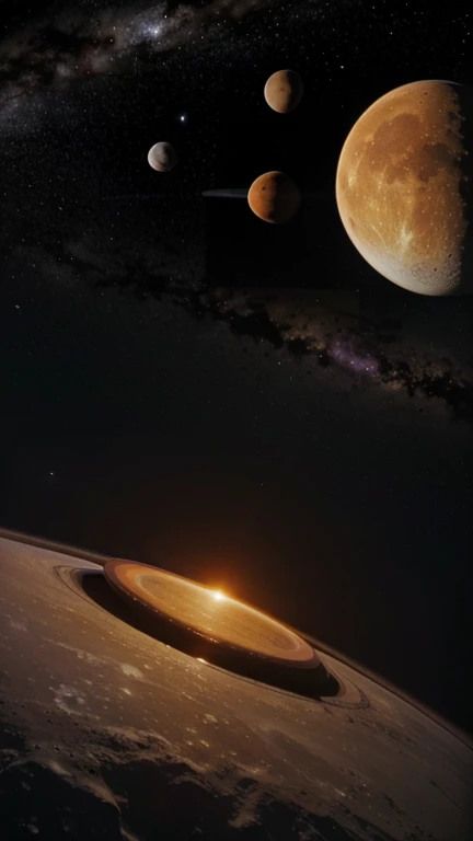 Generate an image for me that has space with stars in the background and four more planets, the first planet must be bigger than the other planets, de aspecto igual ao da lua, com a cor laranja grandes buracos da cor vermelha. Acima deste planeta, teremos uma fileira com 3 planetas, the first one should look like the orange planet with red holes, the second should be the very yellowish moon. Para finalizar, the last planet should look like saturn, green and with the rings of the purple planet.