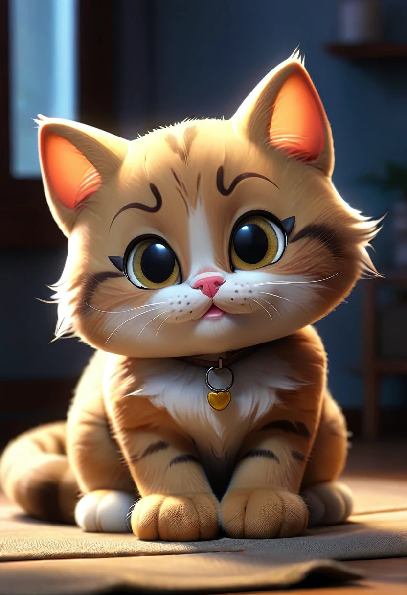 A cute kitty, sitting in the evening with light of the flashlight on the floor, kitty has a happy kitty face, featuring atmospheric details, high resolution, and warm lighting