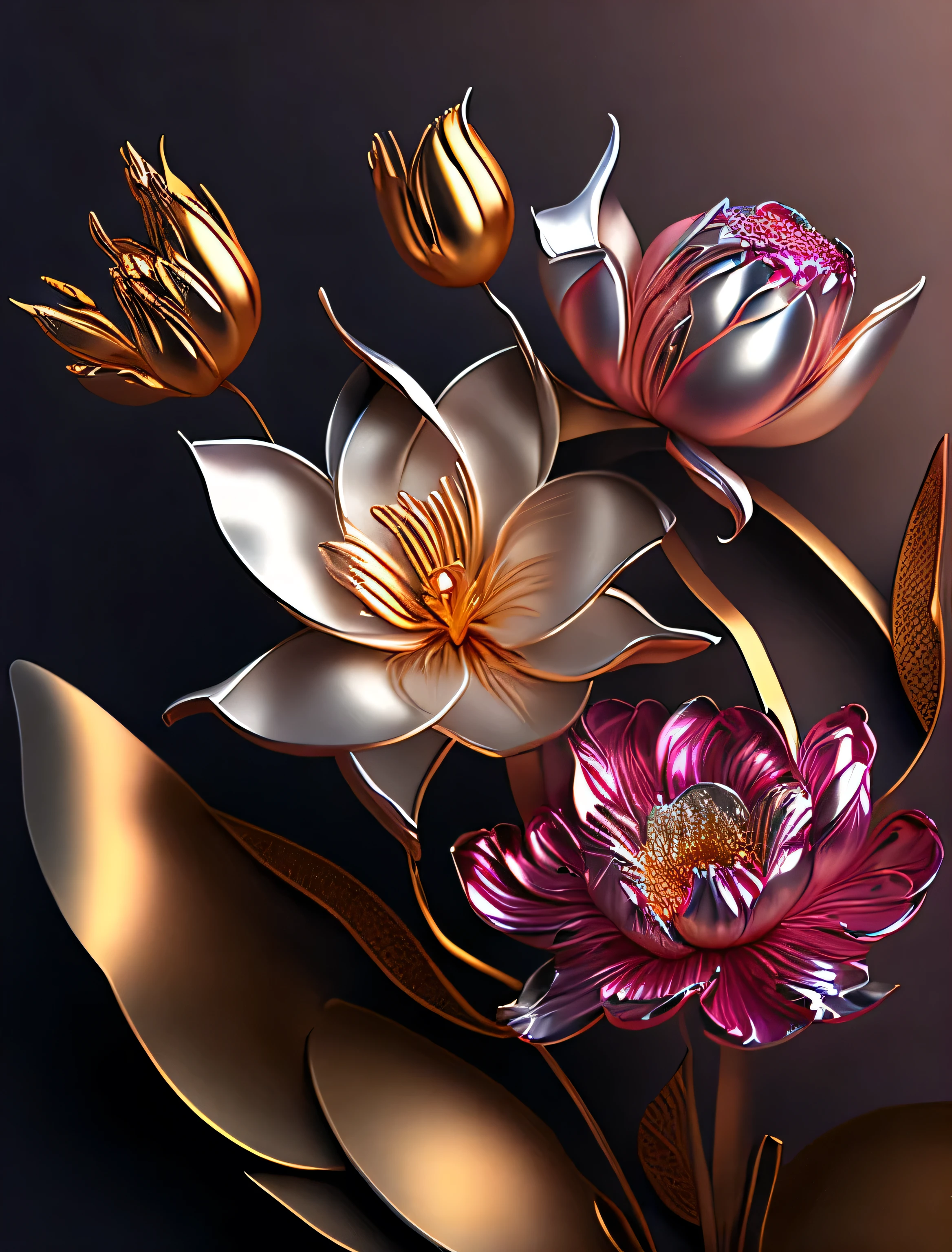 ultra-qualidade, (8K, Foto CRU, realista), Artificial metal lilies and peonies, cromagem, Detailed, delicate representations and eye-catching, dynamic drawing methods, professional flare lighting