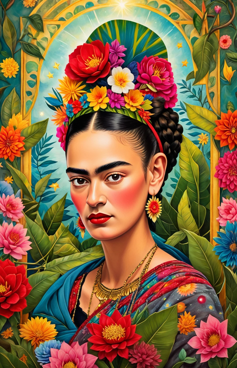 Frida Kahlo:tarot card,goddess(0.9),illustration,divine,ethereal,artistic,vibrant colors,rich textures
+ A girl with Frida Kahlo's features, wearing a flower crown and flowing, colorful garments
+ Intricate details on Frida Kahlo's face, with emphasis on her expressive eyes, captivating lips, and elegant eyebrows
+ Symbols and elements from tarot cards, such as stars, moons, and flowers, surrounding Frida Kahlo
+ A halo or aura of light illuminating Frida Kahlo, emphasizing her divinity
+ A mystical and whimsical background, incorporating surreal elements and rich patterns
+ A sense of empowerment and strength in Frida Kahlo's pose and body language
+ The presence of magical or supernatural elements, enhancing the goddess-like impression
+ A harmonious and balanced composition that captures the essence of Frida Kahlo's unique style and spirit
(best quality,4k,8k,highres,masterpiece:1.2),ultra-detailed,realistic,portrait,artistic,stylistic,bokeh,warm color tones,soft lighting