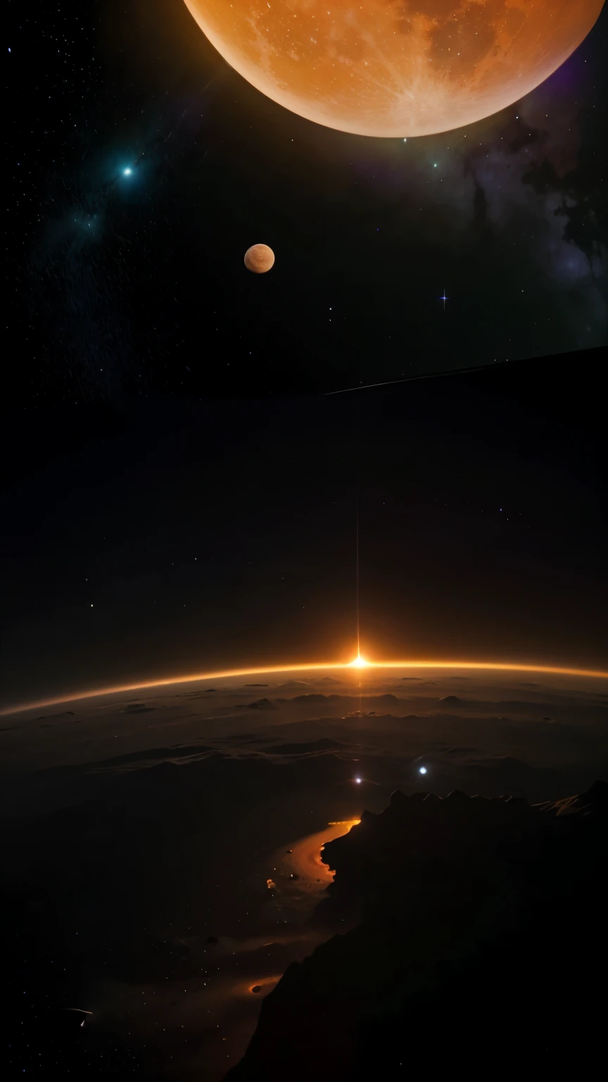 Generate an image for me that has space with stars in the background and four more planets, the first planet must be bigger than the other planets, de aspecto igual ao da lua, com a cor laranja grandes buracos da cor vermelha. Acima deste planeta, teremos uma fileira com 3 planetas, the first one should look like the orange planet with red holes, the second should be the very yellowish moon. Para finalizar, the last planet should look like saturn, green and with the rings of the purple planet.