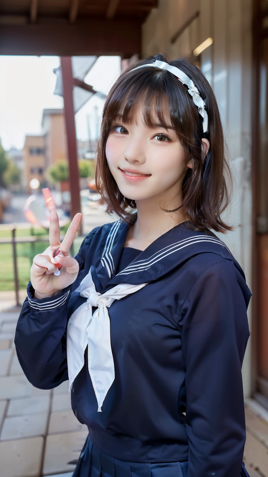 sailor uniform, One Woman, (Beautiful woman, delicate :1.3), Shiny Black Hair, Bobcut, bangs, (8k), (highest quality: 1.2), (Realistic), (Realistic: 1.37), (masterpiece), (Ultra-high resolution), (RAW Photos), (Absolute Resolution), (((face is small compared to body: 1.4))), (((Small face:1.4))), A balanced face, (Small Mouth: 1.4), ((Slim female body: 1.4)), Black Hair, (((long sleeve Sailor uniform))), realistic high school girl, ((White headband:1.4)), Small breasts, Slanted Eyes, Bright Blue Eyes, (Cafe on the open terrace), smile, Blurred, ((full body)), Three white lines on the collar of a sailor uniform, ((Peace sign with right hand:1.3)),