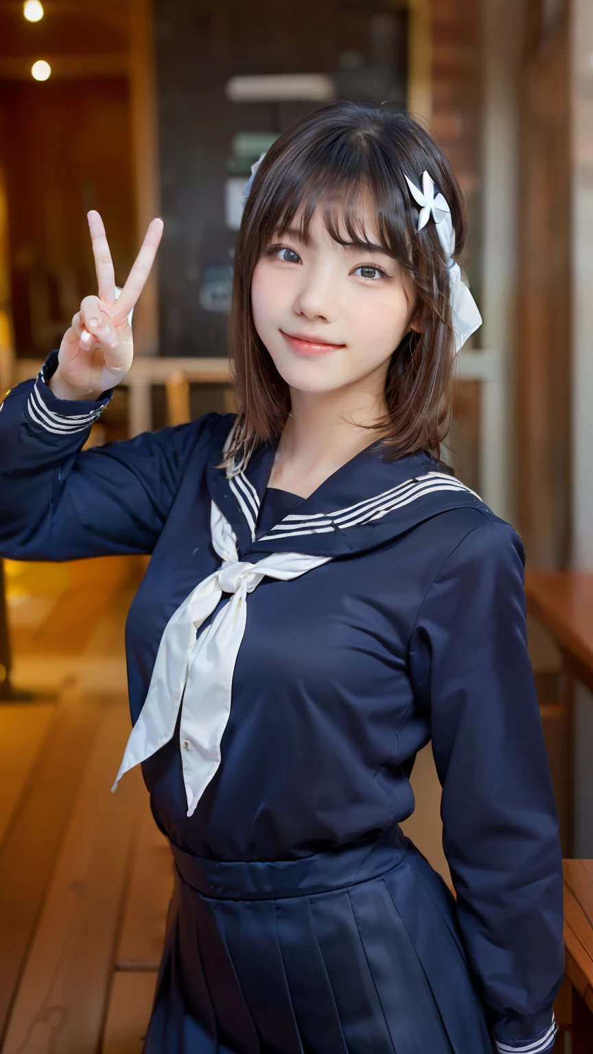 sailor uniform, One Woman, (Beautiful woman, delicate :1.3), Shiny Black Hair, Bobcut, bangs, (8k), (highest quality: 1.2), (Realistic), (Realistic: 1.37), (masterpiece), (Ultra-high resolution), (RAW Photos), (Absolute Resolution), (((face is small compared to body: 1.4))), (((Small face:１.4))), A balanced face, (Small Mouth: 1.4), ((Slim female body: 1.4)), Black Hair, (((long sleeve Sailor uniform))), realistic high school girl, ((White headband:1.4)), Small breasts, Slanted Eyes, Bright Blue Eyes, (Cafe on the open terrace), smile, Blurred, ((full body)), Three white lines on the collar of a sailor uniform, ((Peace sign with right hand:1.3)), 