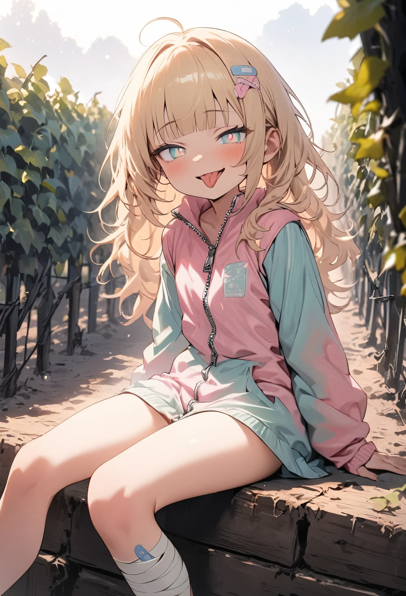 ((Masterpiece)), ((best quality)), (super detail:1.2), (High Definition:1.3), (Professional Photography:1.2), (()), 1girl, cute innocent girl, (Healthy Slender body), (sitting on the blocks), (frizzy hair), beautiful blonde hair, (loose blunt bangs), Slender thighs, (sticking out tongue), (smug), (open mouth), Beautiful diamond eyes, (zip up), pale pink clothing, (ruffled), lonely expression, (in The grapevine vineyard), Massively bandaged arm, (fansy band aid), band aid on legs, (mist effect:1.3), pastel colors, kawaii, cute colors, (unusual pupils), (sharp focus), (perfect light),