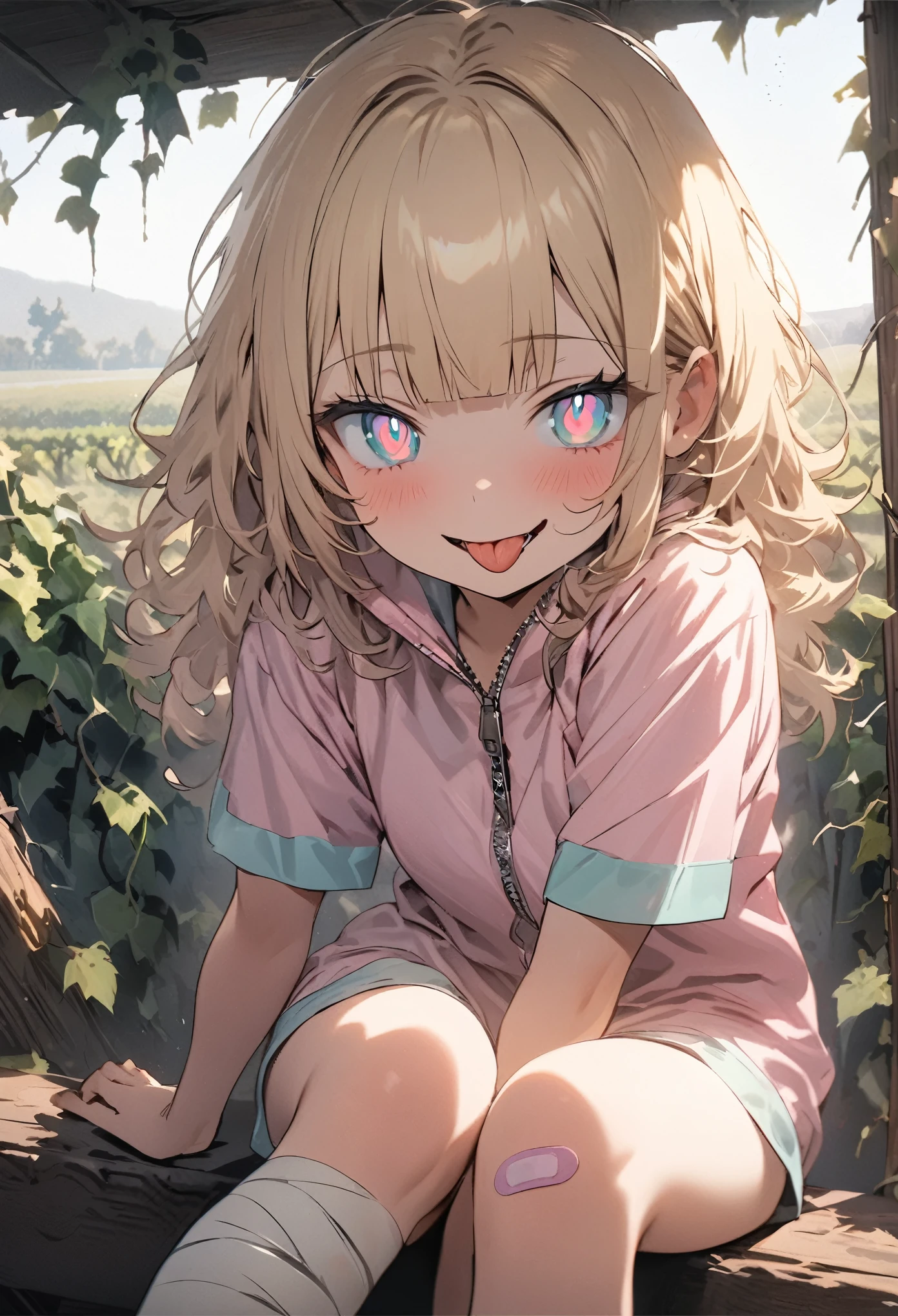 ((Masterpiece)), ((best quality)), (super detail:1.2), (High Definition:1.3), (Professional Photography:1.2), ((12 years old)), 1girl, cute innocent girl, (Healthy Slender body), (sitting on the blocks), (frizzy hair), beautiful blonde hair, (loose blunt bangs), Slender thighs, (sticking out long tongue), (smug), (open mouth), Beautiful diamond eyes, (zip up), pale pink clothing, (ruffled), lonely expression, (in The grapevine vineyard), Massively bandaged arm, (fansy band aid), band aid on legs, (mist effect:1.3), pastel colors, kawaii, cute colors, (unusual pupils), (sharp focus), (perfect light),