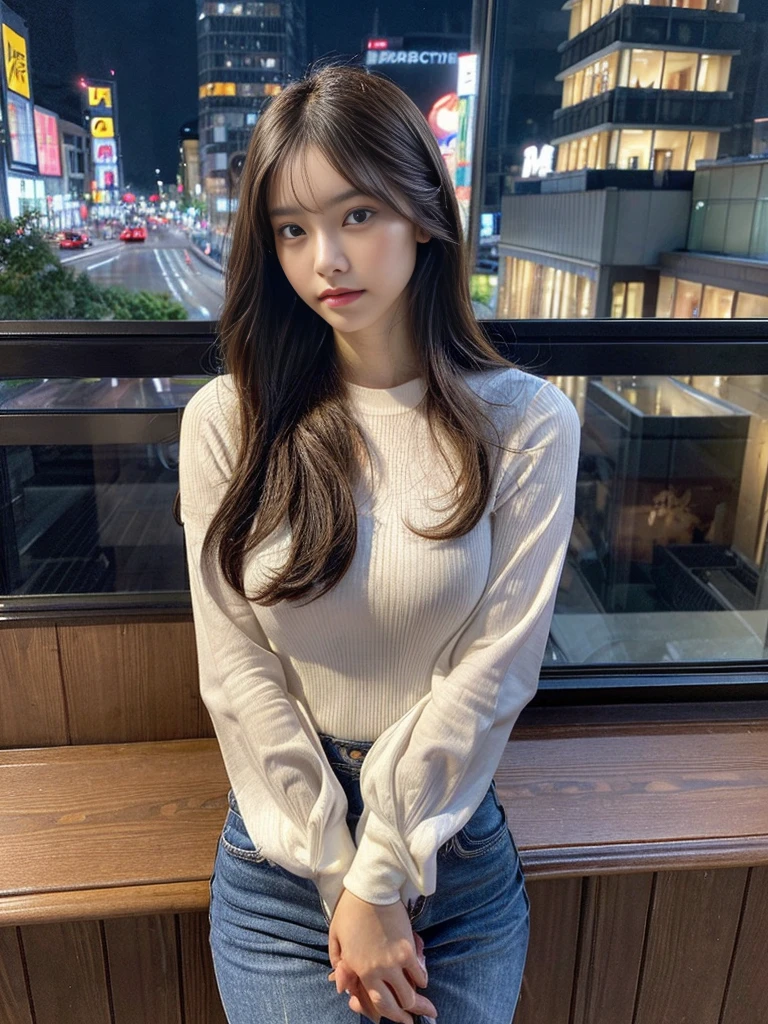 ((highest quality、In 8K、masterpiece)),Two exotic Japanese beauties, Long legs, Long eyelashes, Sharp focus, Beautiful woman with perfect figure, thin , (Focus on the thighs and above)、((Medium length hair)), (A simple, thin white shirt with long sleeves、Open your chest wide、tight skinny jeans 、Low rise、Are standing), ((Night city view、Room by the window)), Highly detailed face and skin texture, Beautiful and exquisite, double eyelid、５Proper hands with fingers、Beautiful Fingers Information