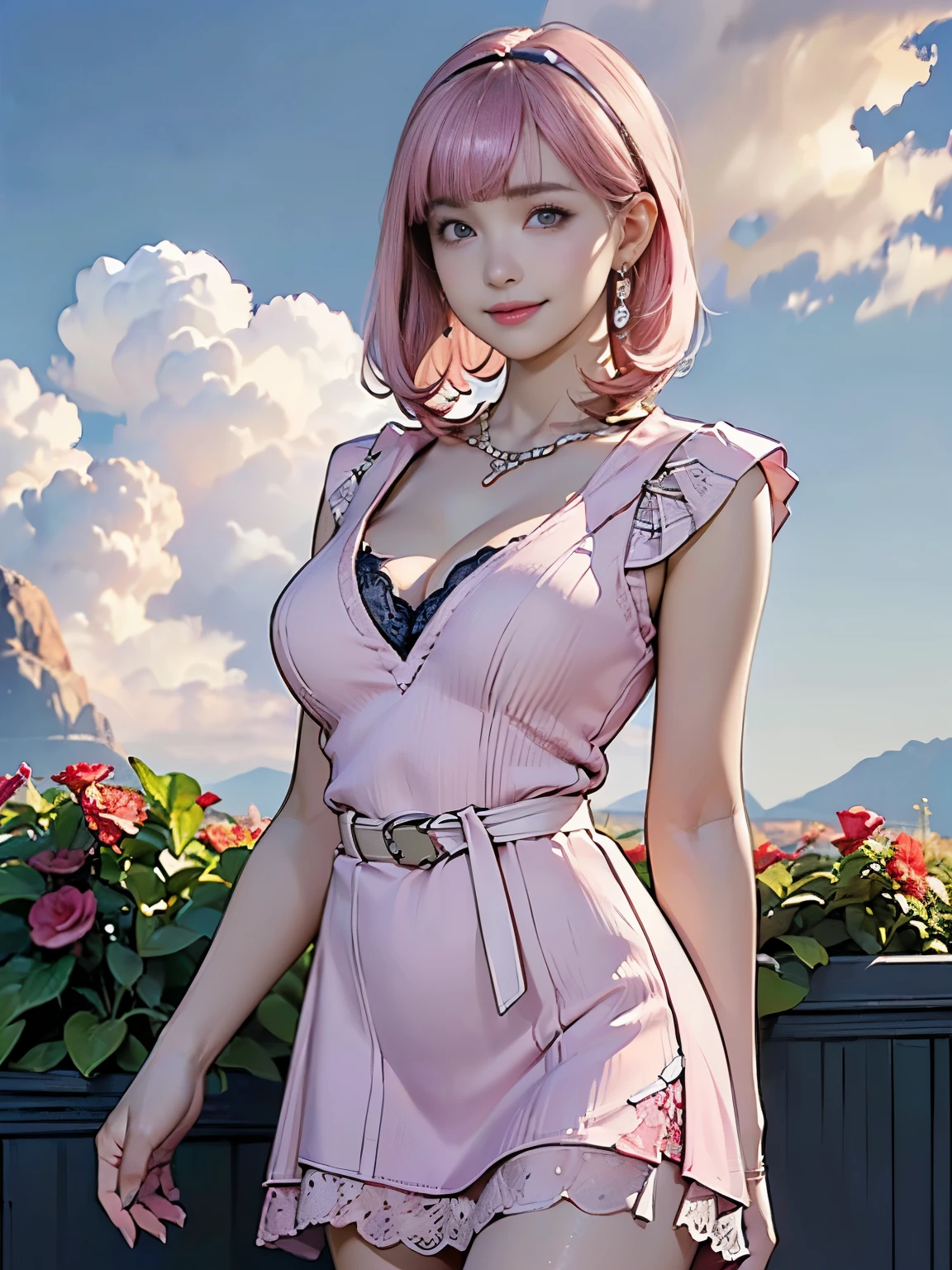 ((((highest quality))))、(((Ultra-precision CG16K wallpaper)))、(((masterpiece)))、(((Super detailed)))、(((Extreme detail)))、((1Mature 29 year old woman:1.6))、((Very beautiful Japanese faces))、((Zuo々Nozomi:1.5))、((Straight short bob hair、blunt bangs:1.5))、((Shiny pink hair:1.5))、Beautiful delicate eyes、Brown Eyes、eyeliner、Eyeshadow、High nose、Small nostrils、Small Mouth、Seductive lips、Beautiful breasts、((C cup size breasts))、Cleavage、Beautiful feet、eight-headed body、Perfect proportions、Perfect Anatomy、Perfect composition、Beautiful detailed shading、Beautiful, natural lighting、Beautiful detail glow、Depth of written boundary、(((High chroma)))、(((Real:1.9)))、((vivid:1.5))、((Beautiful Skin))、((Skin Texture))、((Realな皮膚感))、(((Cowboy Shot:1.6)))、((front view、shoot from front、Front low angle:1.6))、(((smile:1.5)))、((The woman is looking at this、looking at viewer、Facing forward:1.6))、Bright daylight、Natural light、(((Flower Garden、blue sky、cloud:1.5)))、(Walking Pose:1.6)、(((Beige collared lace mini dress:1.6)))、((Cord Belt、Earrings、necklace、Wearing a wide hair band:1.5))、((Knee-high socks:1.5))、