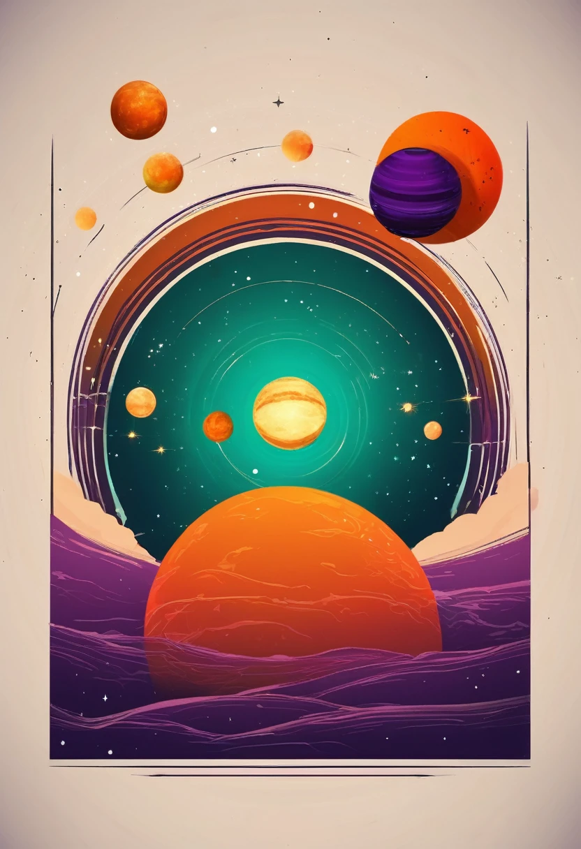 Generate an image for me that has space with stars in the background and four more planets, the first planet must be bigger than the other planets, de aspecto igual ao da lua, com a cor laranja grandes buracos da cor vermelha. Acima deste planeta, teremos uma fileira com 3 planetas, the first one should look like the orange planet with red holes, the second should be the very yellowish moon. Para finalizar, the last planet should look like saturn, green and with the rings of the purple planet.