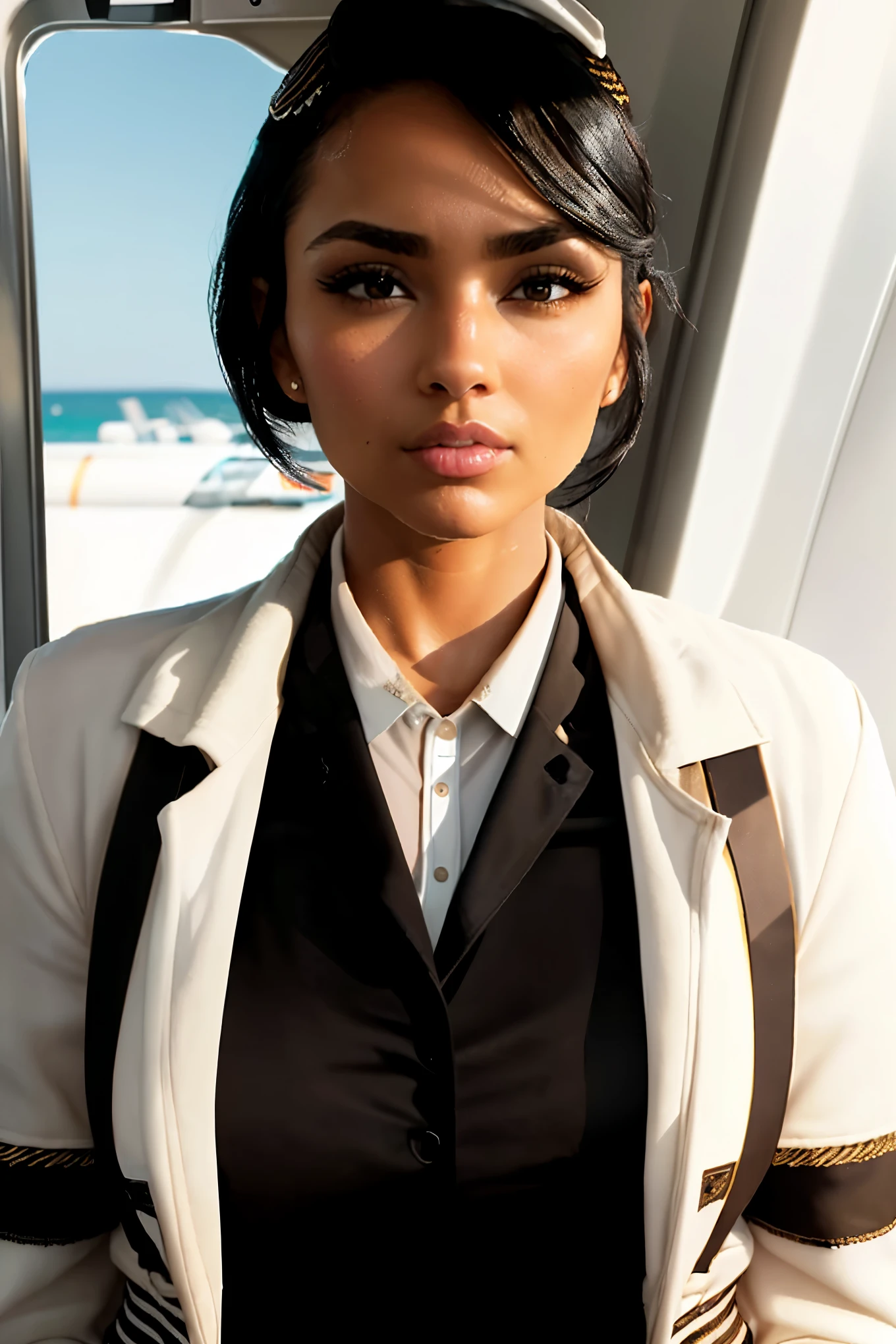 Photo of a drop dead gorgeous bitch, raw, (rimmed with white highlights, short, twisted half-up half-down black hair), ((Portrait)), ((Detailed face:1.2)), ((seductive facial features)), flawless skin, tanned, ((Portrait)), (((Stewardess jacket:1.3))), sitting in a luxurious bath, Bathroom environment, View from above, (luxurious, opulent), wet, bubbles, Reflector, ((masutepiece)) (perfectly proportions)(photos realistic)(Best Quality) (Detailed) photographed in a Canon EOS R5, 50mm Lens, F/2.8