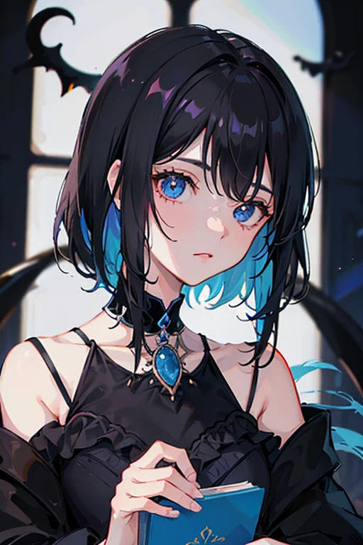 Chico anime, cabello negro medio largo y suelto con media coleta, copete de equis, demonio y alas negras, con traje elegante color negro, ojos azules y una cicatriz en el ojo izquierdo
