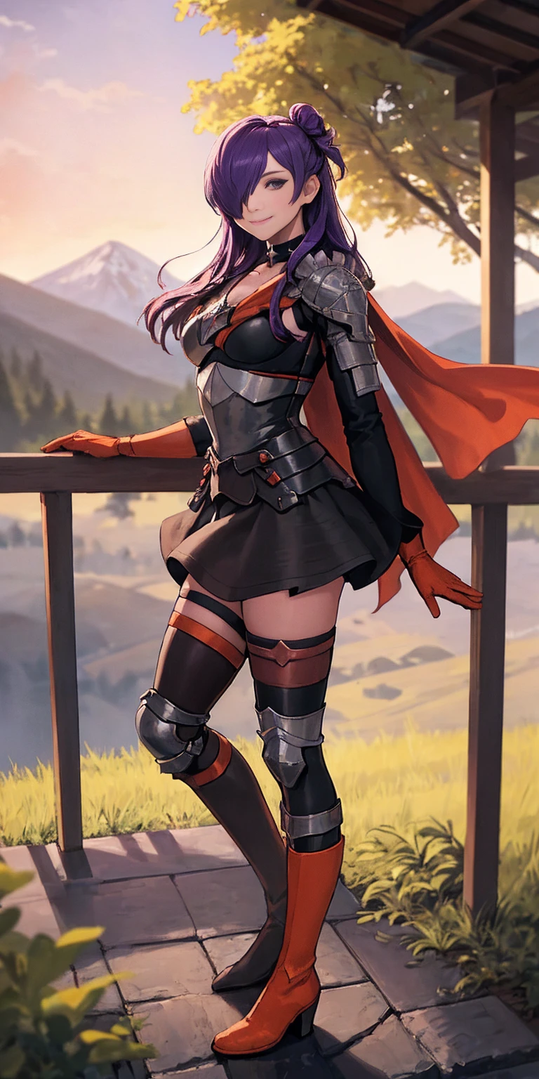 masterpiece, best quality, Shez, hair over one eye, choker, armor, cape, black dress, single glove, thigh highs, armored leg wear, orange boots, from side, standing, whole body, looking at viewer, smile, closed mouth, trees, mountains