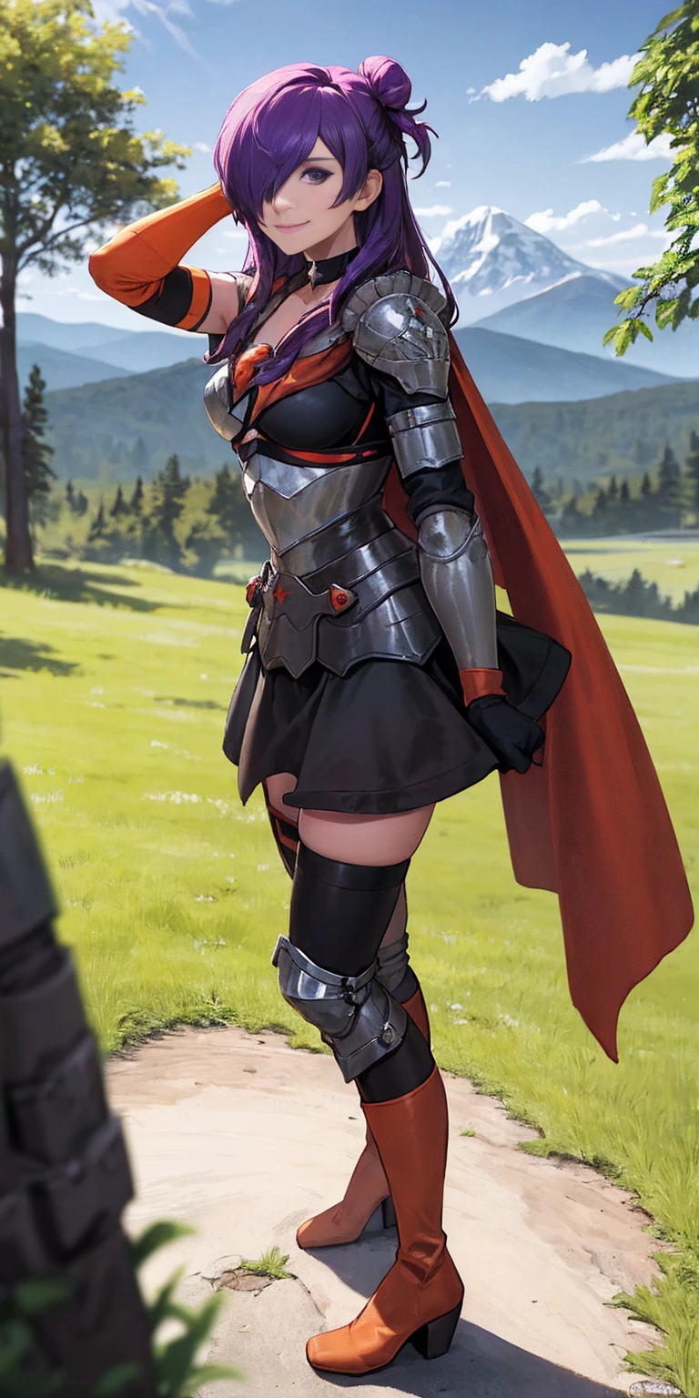 masterpiece, best quality, Shez, hair over one eye, choker, armor, cape, black dress, single glove, thigh highs, armored leg wear, orange boots, from side, standing, whole body, looking at viewer, smile, closed mouth, trees, mountains