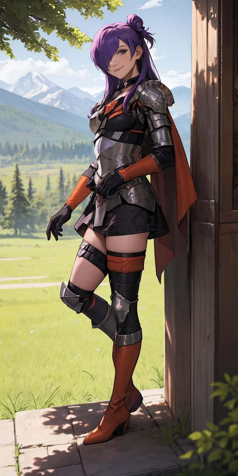 masterpiece, best quality, Shez, hair over one eye, choker, armor, cape, black dress, single glove, thigh highs, armored leg wear, orange boots, from side, standing, whole body, looking at viewer, smile, closed mouth, trees, mountains