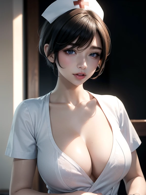 26 year old Japanese woman,(非常にdetailedな肌),Curvy,,Beautiful big ,(Very large breasts),Pale skin,Pointed Chest,Erect nipples,(Fantasy art,Best image quality,Hyperrealist portrait,(8k),Ultra-realistic,最high quality, high quality, High resolution, high quality texture,Attention to detail,Beautiful details,detailed,Extremely detailed CG,detailed Texture,Realistic facial expressions,masterpiece,in front,dynamic,bold),(((short pixie cut))),(Very thin hair),(Very soft hair),(Super Straight Hair:1.5),length, sleek bangs,Very light coppery amber hair,Hair in one eye、(((Wear a nurse's uniform))) (((sit astride a high-backed chair))) (((Sit with your chest against the backrest))) (((Rear View))) (((Photo from behind))) (((彼女はAccentuate your buttために背中を反らせている))) (((The lines of the body are clearly visible)))、(((Depiction of beautiful fingers))) (((Beautiful body depiction))) (((Sit with your legs apart)))、(((Accentuate your butt)))、(((Full body photo)))、(((Low angle photo)))、(((Correct ankle orientation)))(((The correct number of legs))) (((Accurate Body Composition))) (((正確な後ろからのFull body photo)))