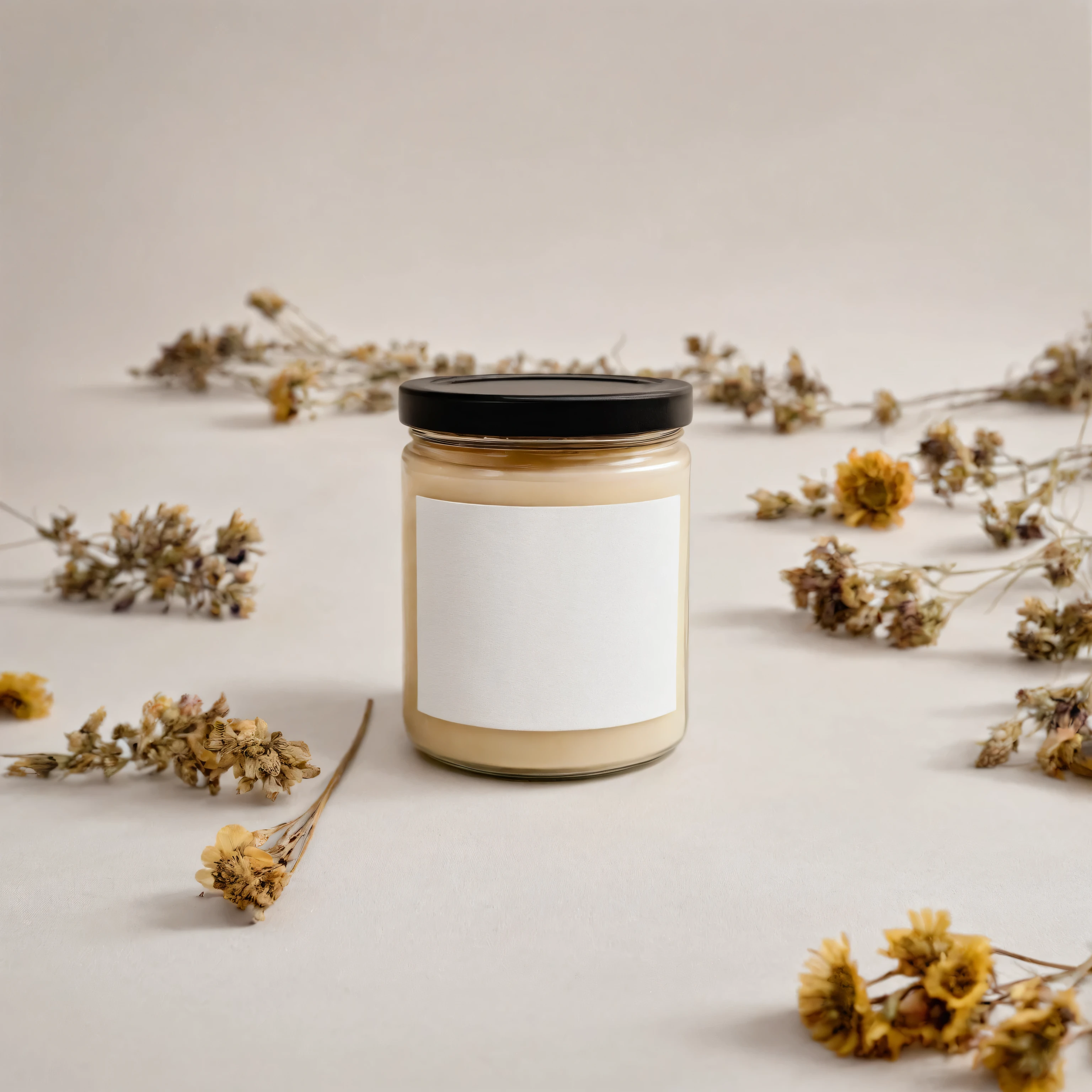 Mockup empty, a blank beige candle in a jar with white label and black lid standing on a white plain surface, surrounded with abstract dried flowers composition, professional mockup photography, plenty dried flowers in background lots of dried flowers