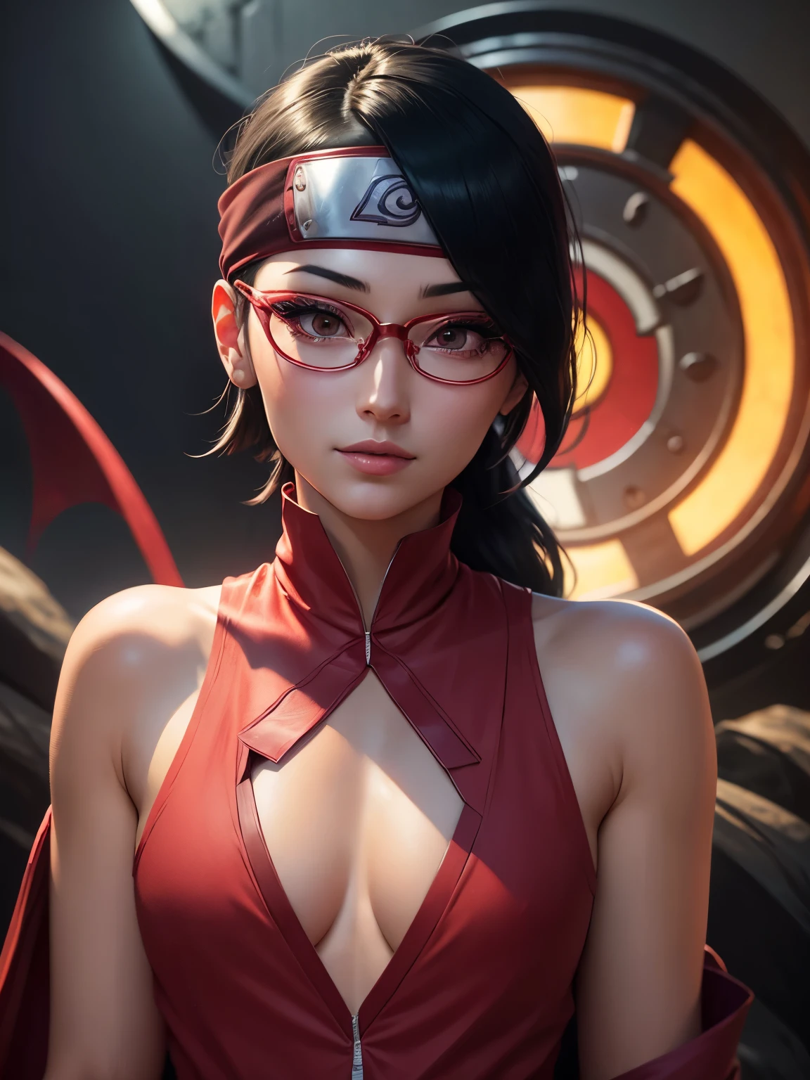 uchiha sarada, naruto shippuden, glasses, sleeveless red kimono, bandana on forehead, masterpiece, solo, full body (best quality, perfect detailed, beautifully detailed face, detailed eyes), bright shiny, ray tracing, DOF, HDR, gradient eyes, sharp eyelashes, ((eyelashes)), mascara, detail_face, eyelashes, shiny hair, flirting, sexy smile, lips parted, best quality, (highly detailed background: 1.2), extremely beautiful, immensely beautiful, extraorinally beautiful, realistic, masterpiece, best quality, top quality, gothic lighting, dark look, perfect body, extremely sexy, immensely seductive, macabre scenery, blood, gigane moon