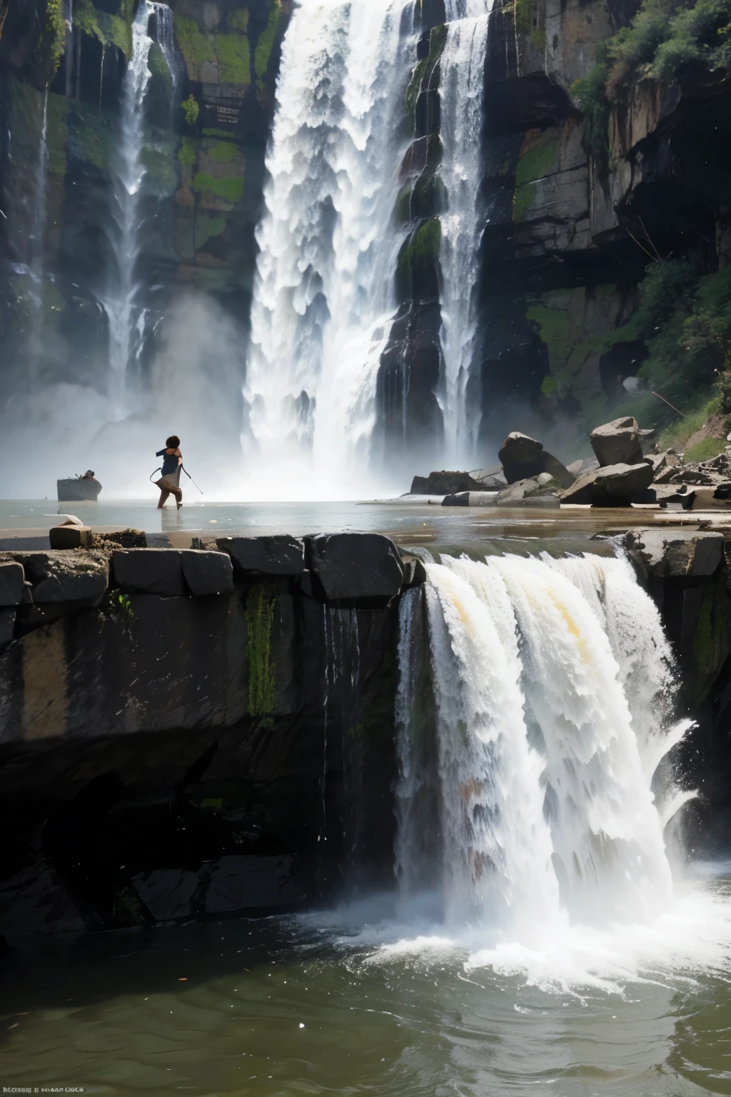 Dois homens maduros, a gray-haired man and a black-haired man nude frontally showing off his penis and body hair taking a shower together in the middle of a waterfall ultraviolence