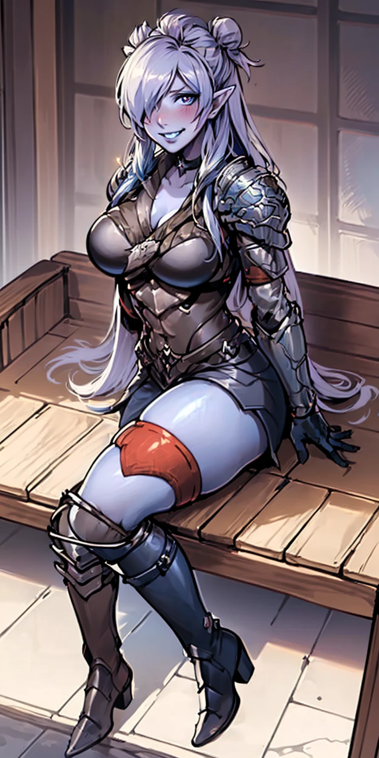 Shez, hair over one eye, choker, full body sitting on a bench showing ass to me, BLUE breastplate, BLUE skin (1girl)(BLUE skin:1.2), looking at viewer, shiny, armor, thigh highs, high boots, pauldrons shoulder armor, faulds, poleyn, gloves, gauntlets, rerebrace armored boots, (masterpiece, best quality, ultra-detailed, best shadow) yordle pointy ears muscular lean platinum blonde long twin-tails hairstyle at the office lustful smirking smile face red blushed, blush, strong abs, female body builder, tiara, twin drills hair