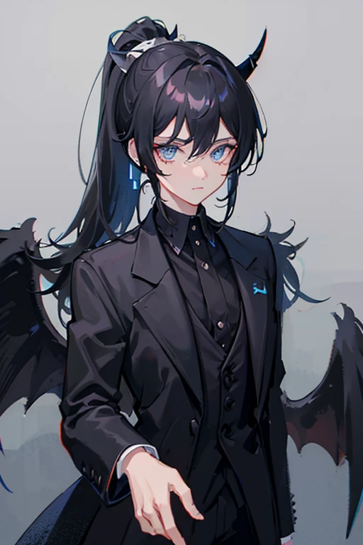 A demon boy with medium-length black hair in a half ponytail, bangs in an X shape, black wings, wearing an elegant black suit, blue eyes, and a scar on the left eye