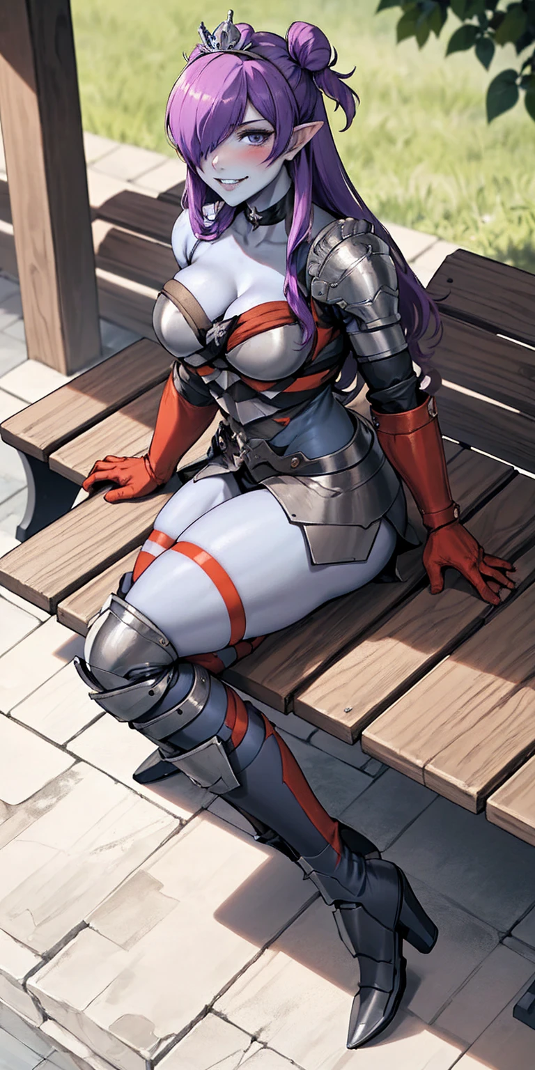 Shez, hair over one eye, choker, full body sitting on a bench showing ass to me, BLUE breastplate, BLUE skin (1girl)(BLUE skin:1.2), looking at viewer, shiny, armor, thigh highs, high boots, pauldrons shoulder armor, faulds, poleyn, gloves, gauntlets, rerebrace armored boots, (masterpiece, best quality, ultra-detailed, best shadow) yordle pointy ears muscular lean platinum blonde long twin-tails hairstyle at the office lustful smirking smile face red blushed, blush, strong abs, female body builder, tiara, twin drills hair