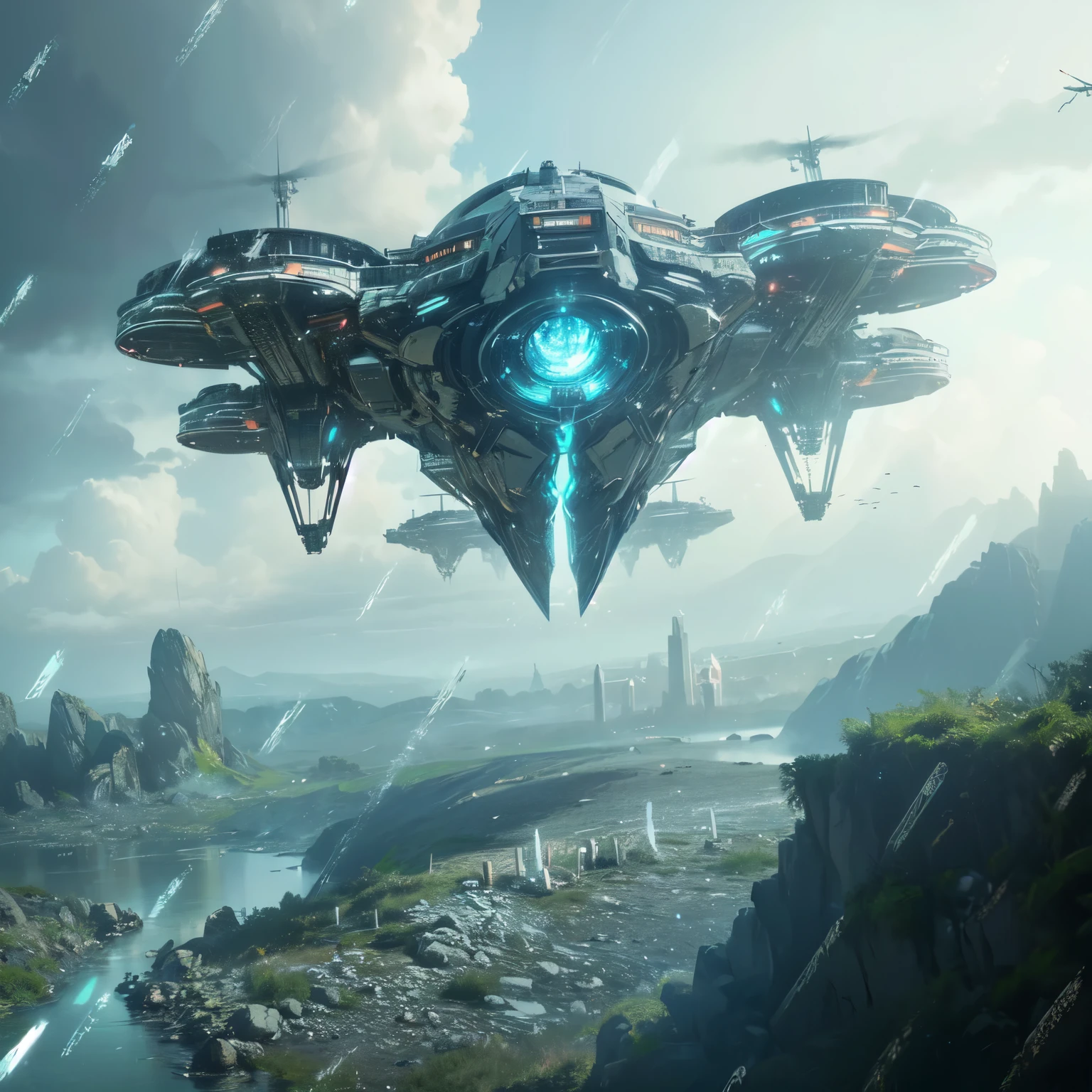 a fleet of futuristic spaceships,cybernetic digital futuristic weapons,state-of-the-art technology,damp stone walls,oppressive silence,8k uhd,cinematic lighting,dramatic atmosphere,photorealistic,concept art style,muted color palette,intricate details,highly detailed,smooth shading,volumetric fog,dynamic composition,chiaroscuro lighting tempo chuvoso