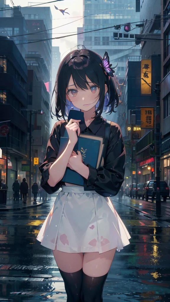 1 anime girl, alone,,Black petals flutter, A mysteriously shining butterfly.city,thin legs,Gloomy cloudy sky,sad expression,very clear,highest quality,city,standing on the street corner,Are crying,tears,close up of face,Sit in the water,holding a book in hand,Sit down