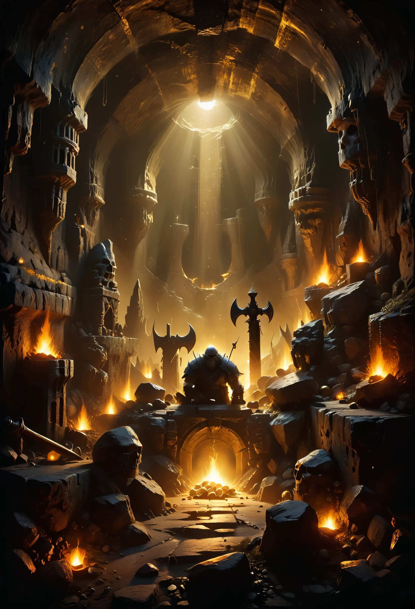 style of Susan Seddon Boulet,A dimly lit cavern deep underground, serving as a hidden lair for a band of outlaws. Rough-hewn stone walls are partially lit by flickering torches, casting long shadows. Stacks of weapons and overflowing chests of gold coins are scattered around. A hulking orc sharpens a massive axe on a grindstone in the background. medieval_lair, cavern, outlaws, dark, flickering_light, treasure, weapons