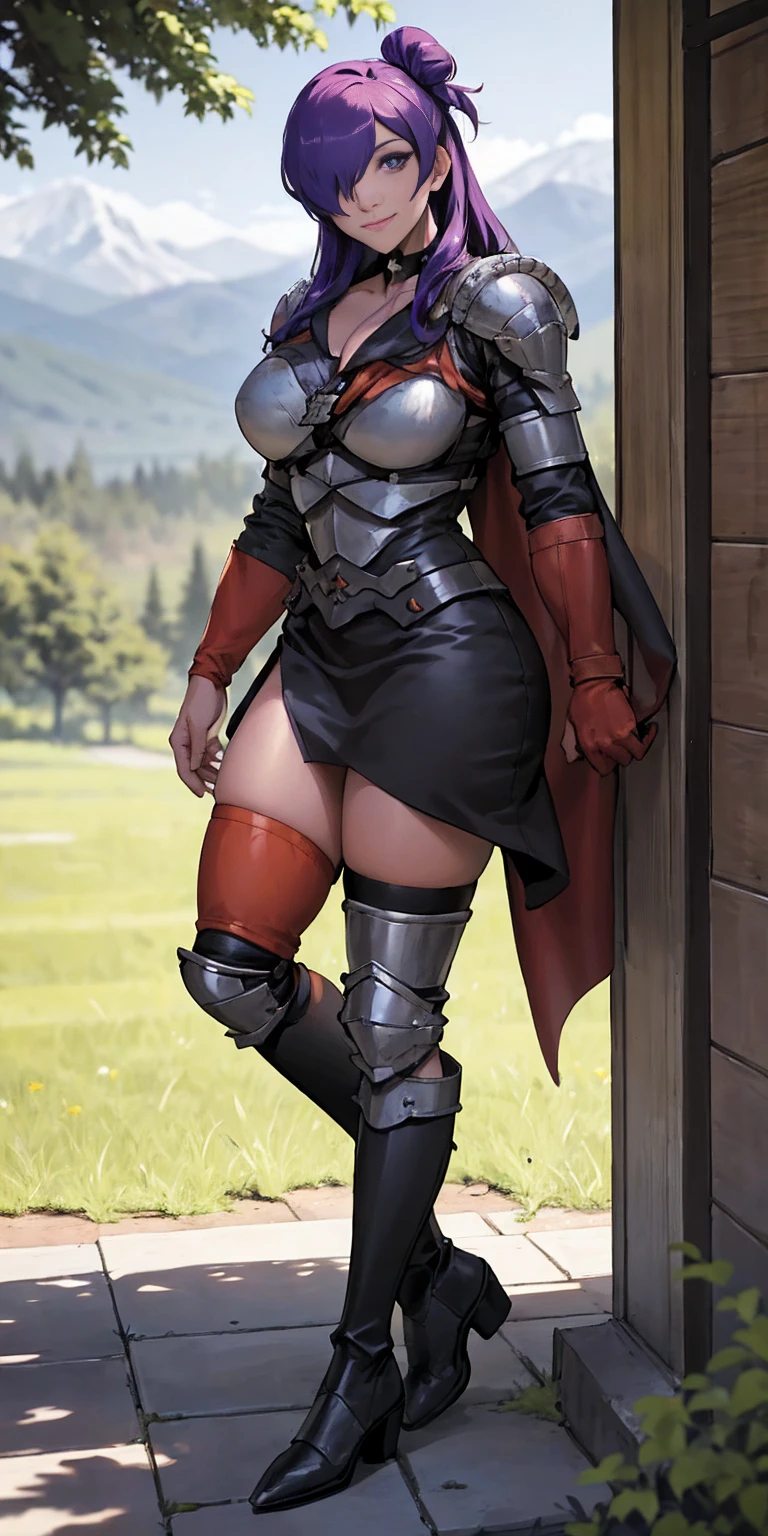 masterpiece, best quality, Shez, hair over one eye, choker, armor, cape, black dress, single glove, thigh highs, armored leg wear, orange boots, from side, standing, whole body, looking at viewer, smile, closed mouth, trees, mountains