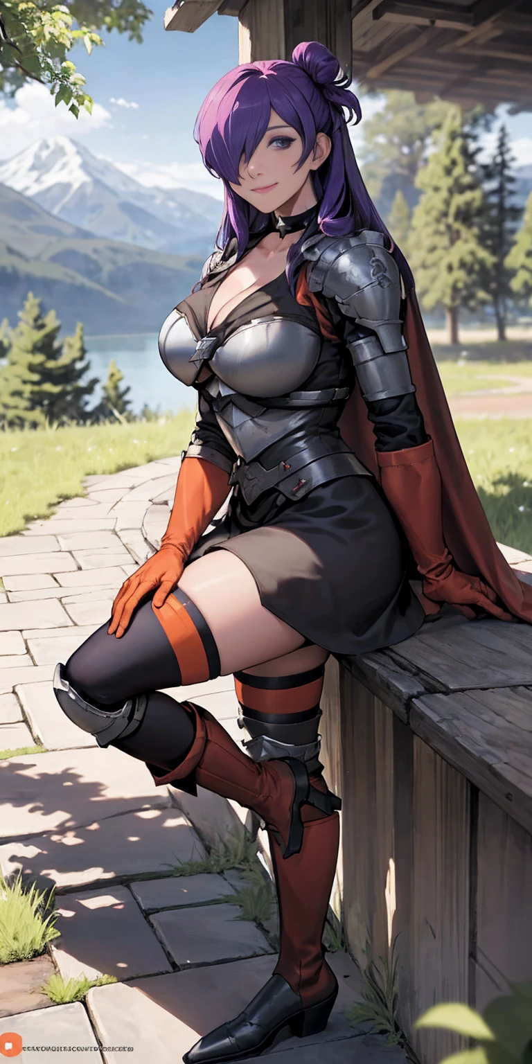 masterpiece, best quality, Shez, hair over one eye, choker, armor, cape, black dress, single glove, thigh highs, armored leg wear, orange boots, from side, standing, whole body, looking at viewer, smile, closed mouth, trees, mountains