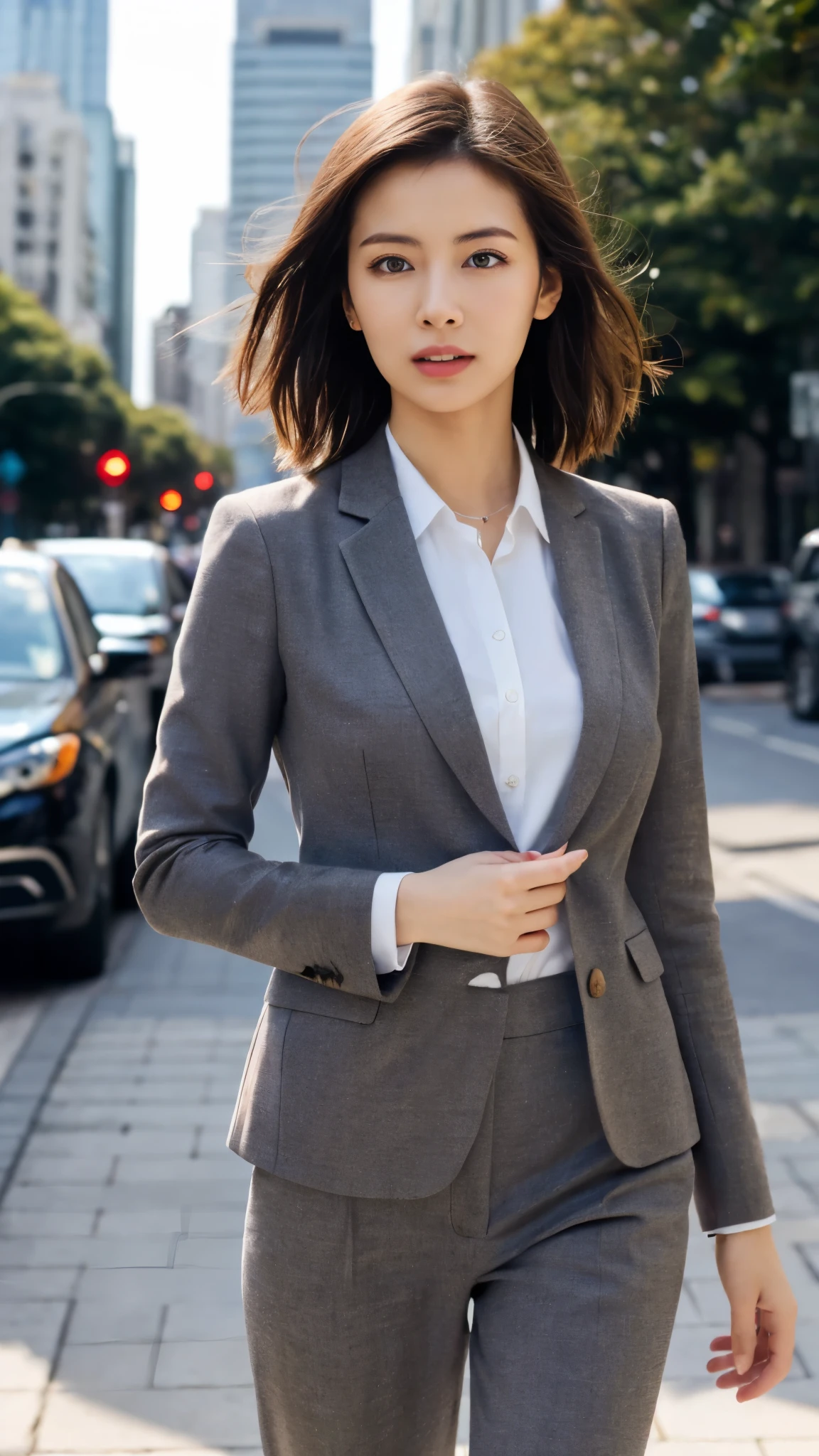 (8k, RAW Photos, highest quality, masterpiece: 1.2), (Realistic, photoRealistic: 1.37), 1 Woman in a suit standing on the sidewalk, Cityscape, Day, Sunny Morning, Professional Lighting, Photon Mapping, Radio City, Brazilian Women, Torn, shirt, Woman in a suit, Silk Suit